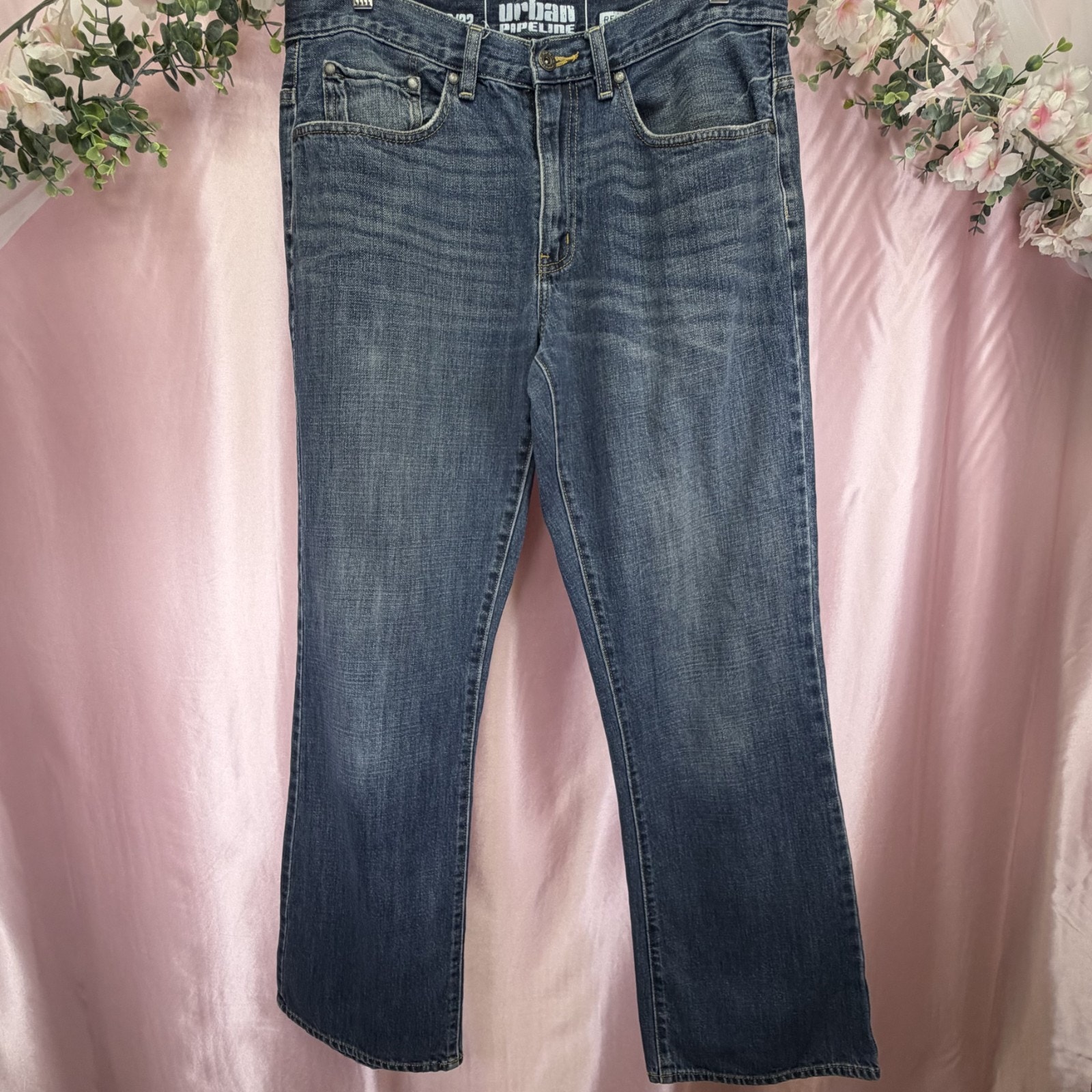 Urban Pipeline Mens Relaxed Fit Bootcut Blue Denim Jeans Medium Wash 3332